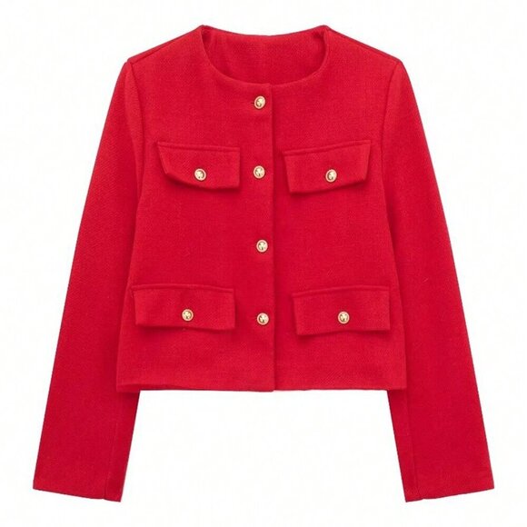 Red Elegant Women's Casual Tweed Jacket Decorated Long Sleeves Coat - Picture 2 of 8